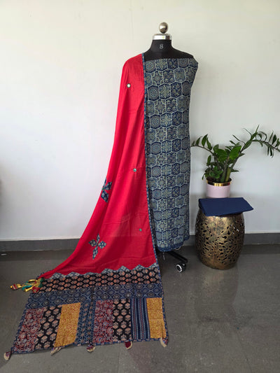Handcrafted ajrakh cotton top with applique cotton shawl - BAA56