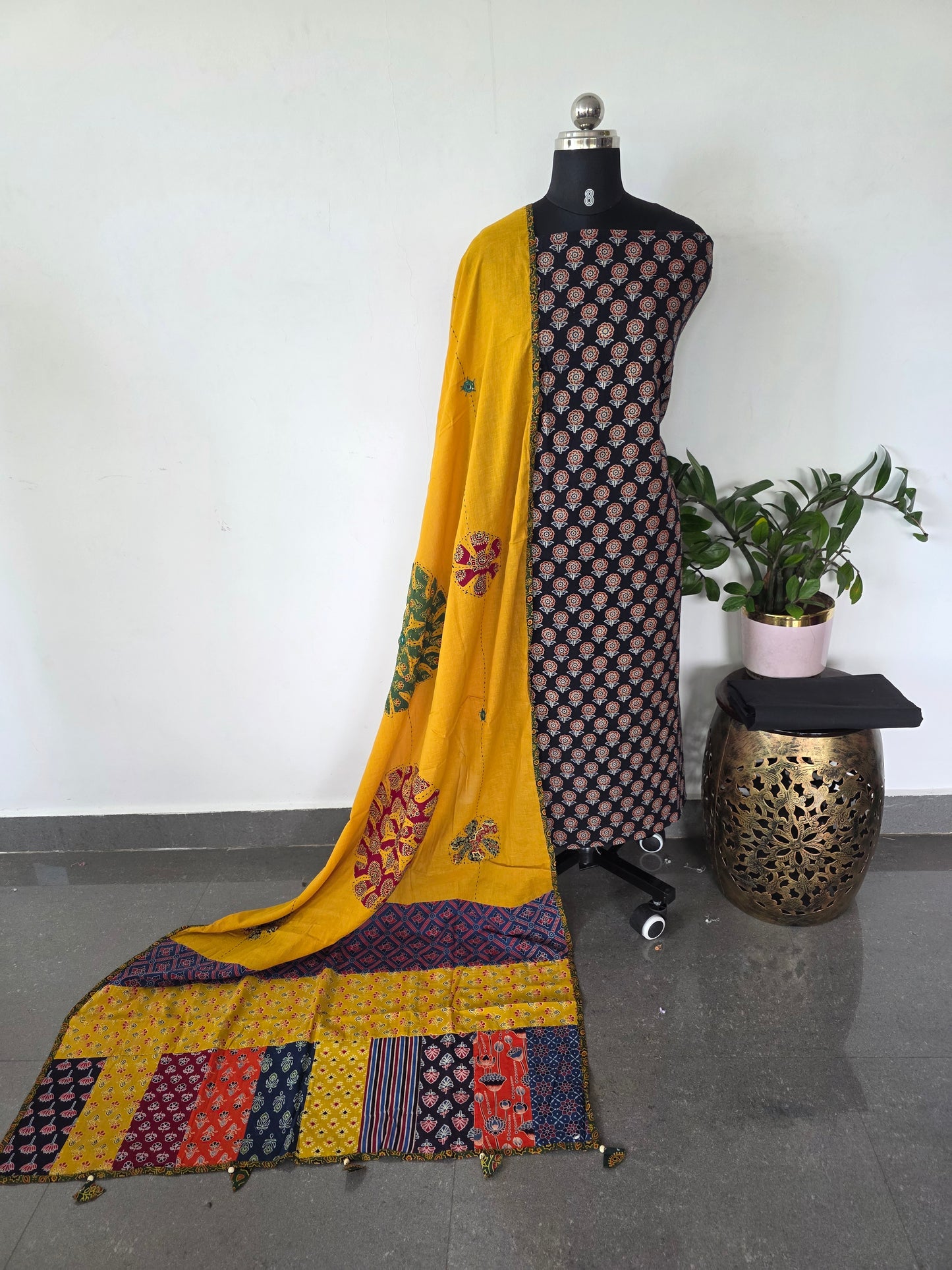 Handcrafted ajrakh cotton set with kantha applique mirror  cotton shawl(Black) - BAA99