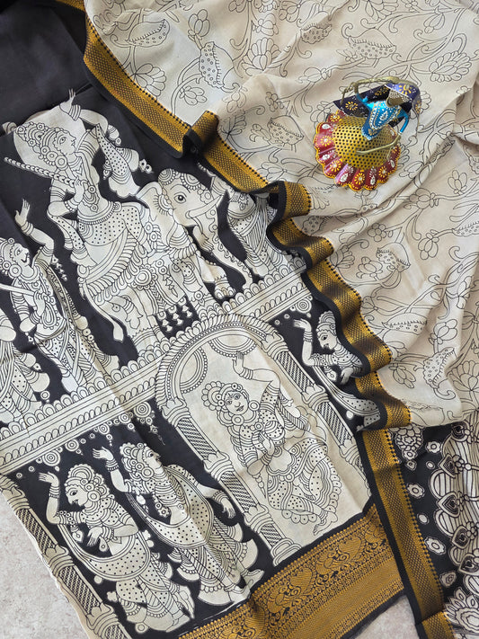 Premium Chennuri pure authentic kalamkari silk with kanchi border -AKS14