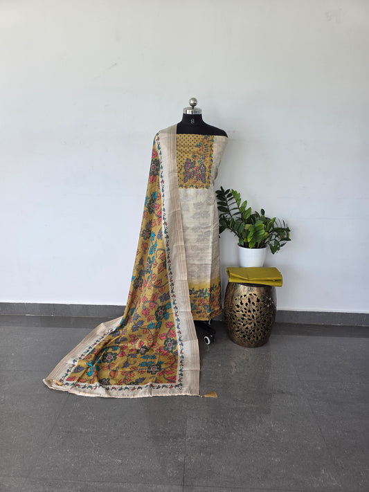 Premium fancy kalamkari semi tussar silk set - yellow