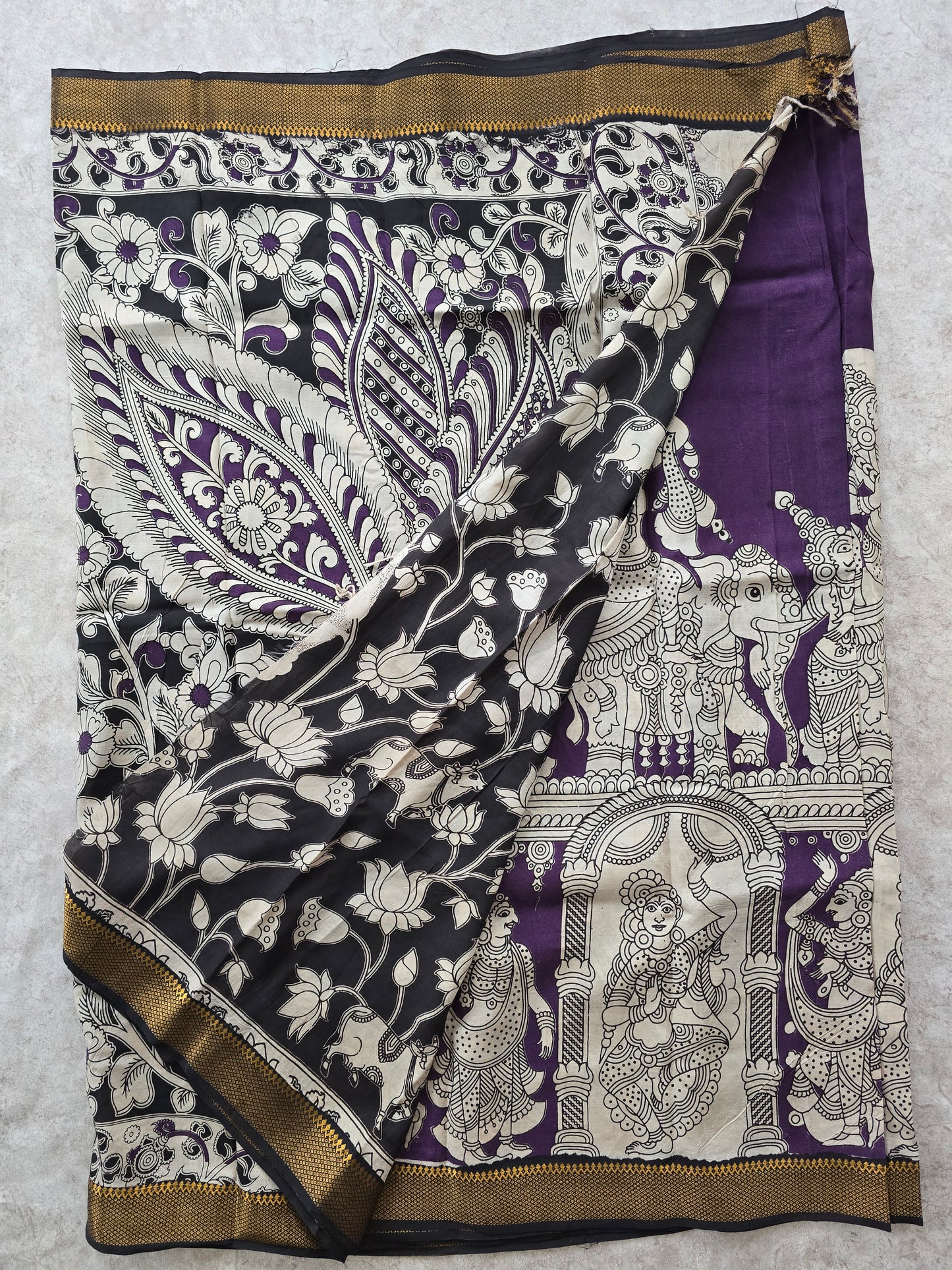 pure chennuri kalamkari silk saree with nizam border - violet