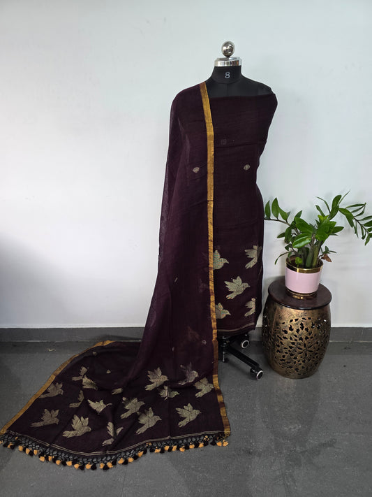 Premium handloom linen jamdhani set (brown) - JMM205