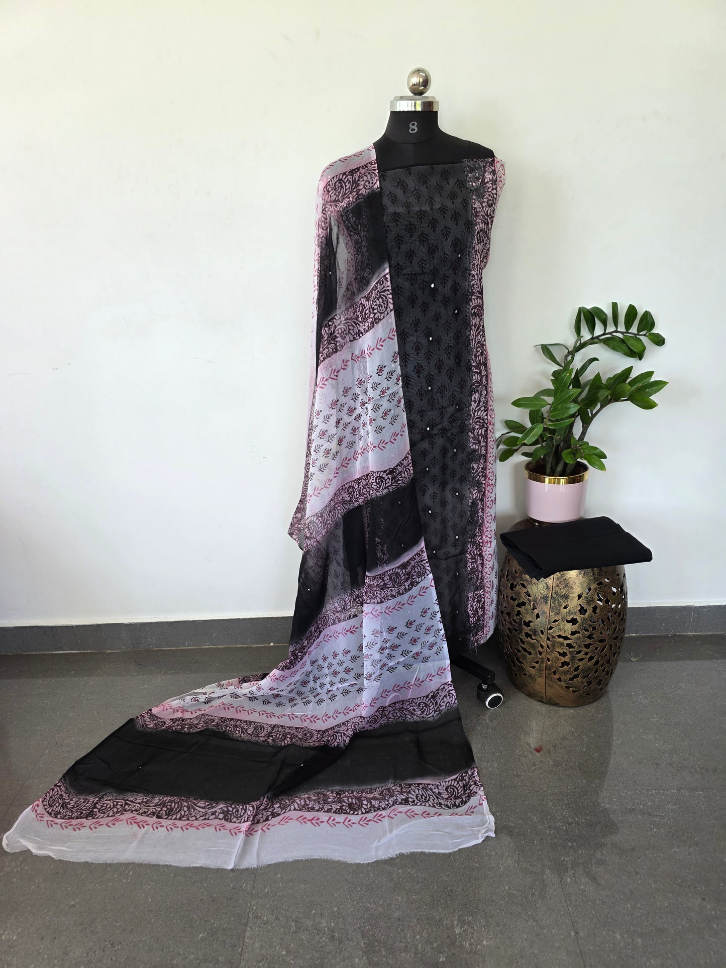 Handblock georgette salwar set with handwork mirror work- GE164