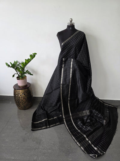 Premium checked semi mangalagiri pattu saree (black) - MAA161