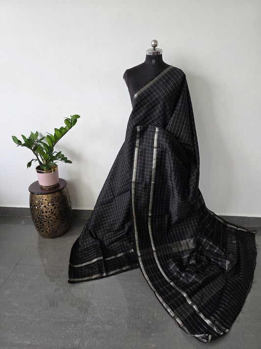Premium checked semi mangalagiri pattu saree (black) - MAA161