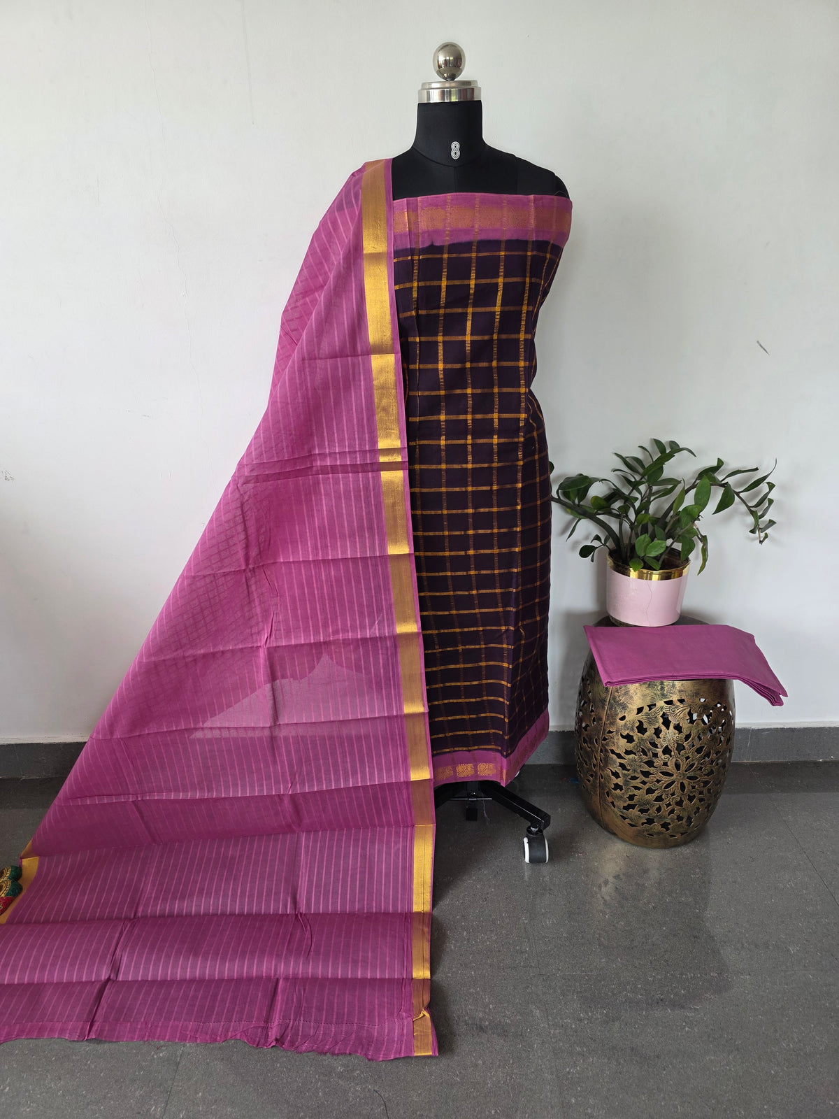 Madurai Sungudi Pavithram checks salwar set(Brown)-MS105