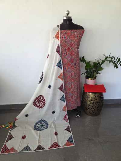 Handcrafted ajrakh cotton top with applique cotton shawl - BAA50