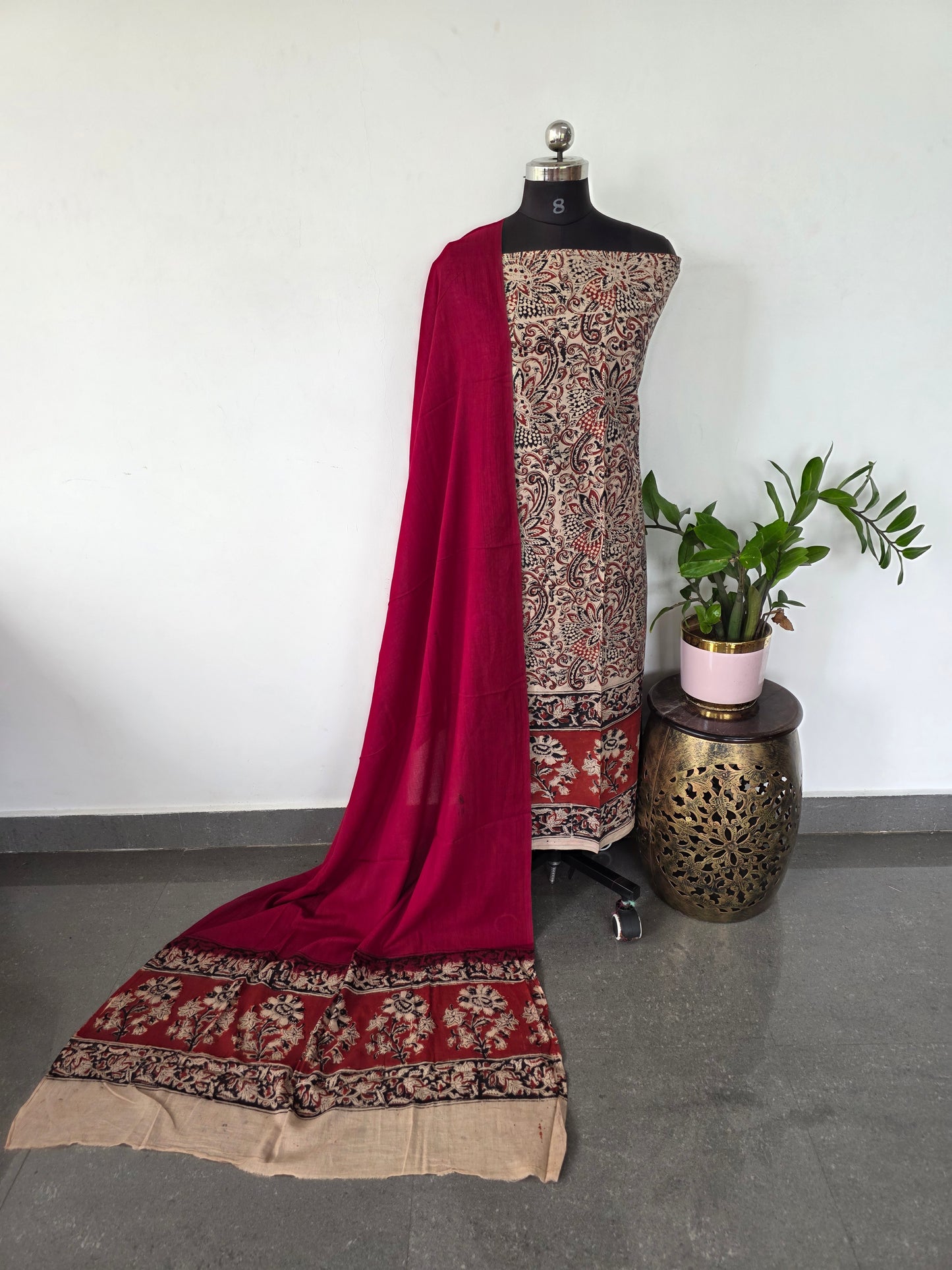 Handblock pure kalamkari cotton with border ( 2 pc set )- AK187