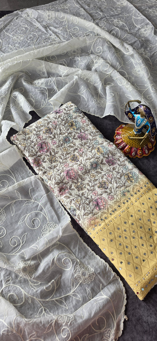 Fancy chikankari cotton set mirror work - yellow