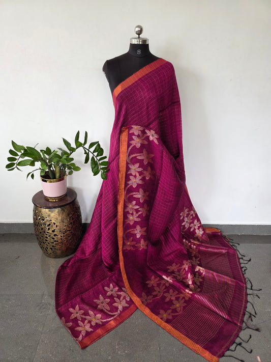 Premium handloom linen jamdhani saree - JMM381