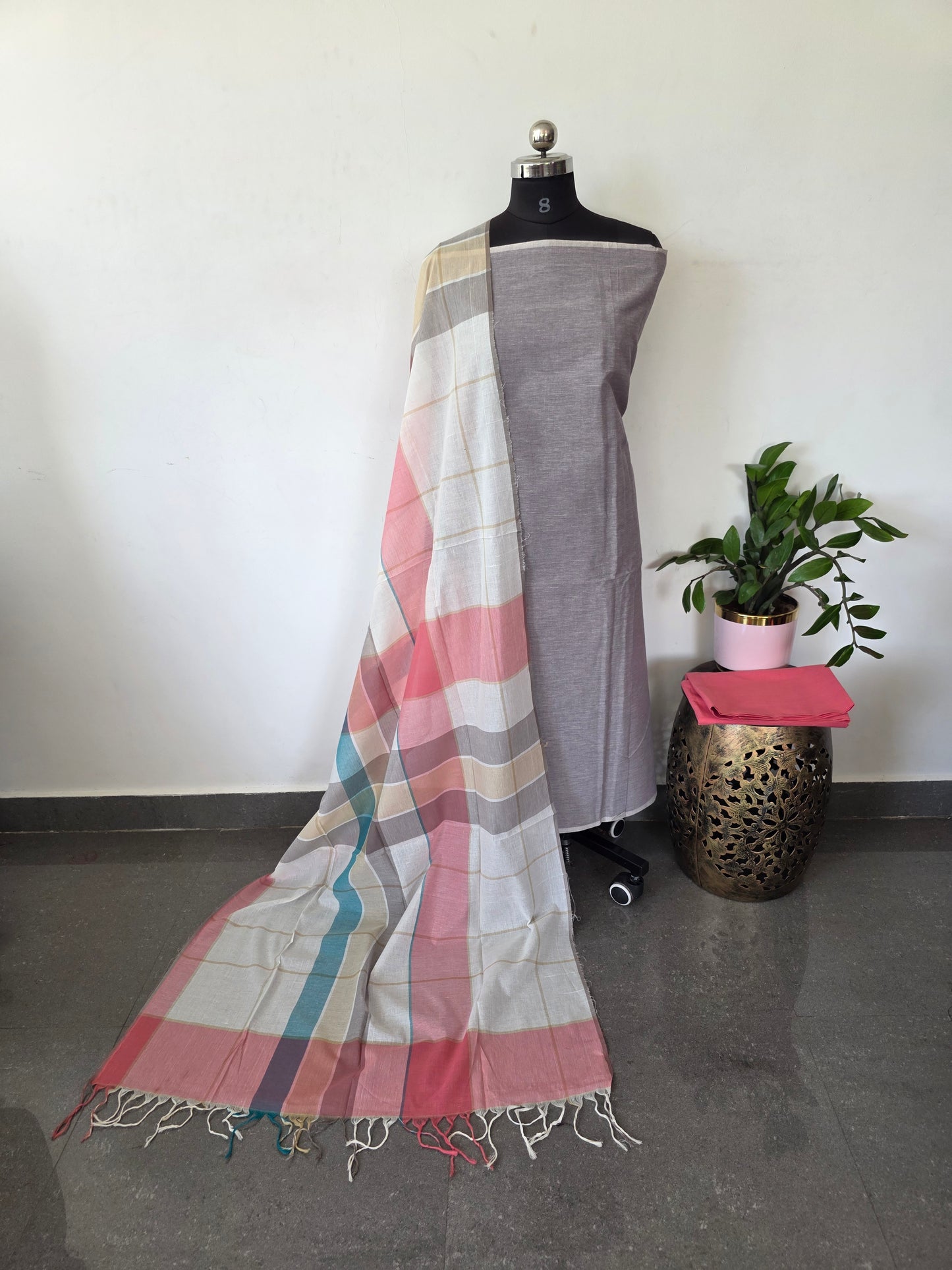 Pure south cotton set with checks duppatta - PCS27