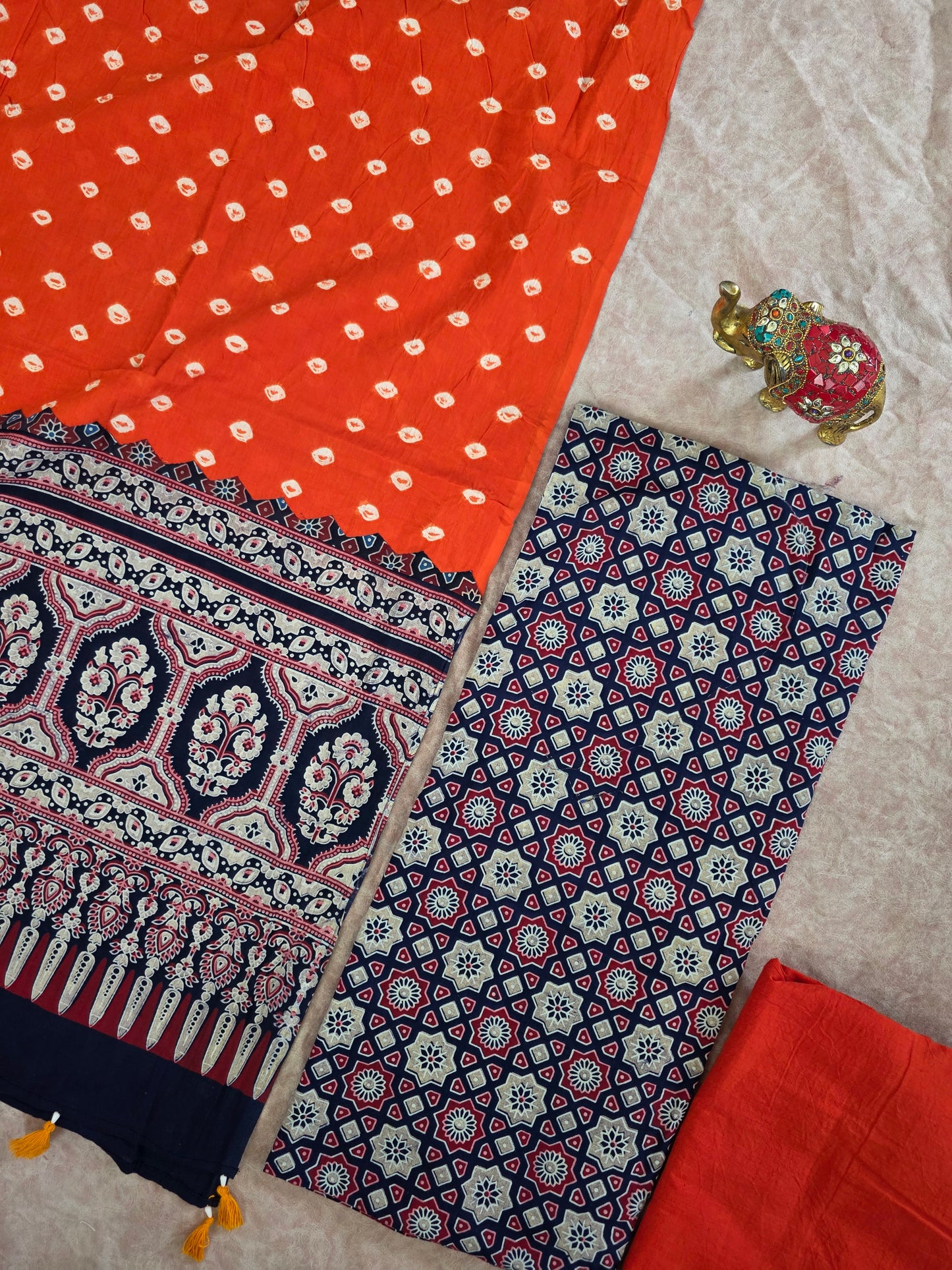 Handcrafted ajrakh cotton top with pure bandhani cotton shawl - BAA4