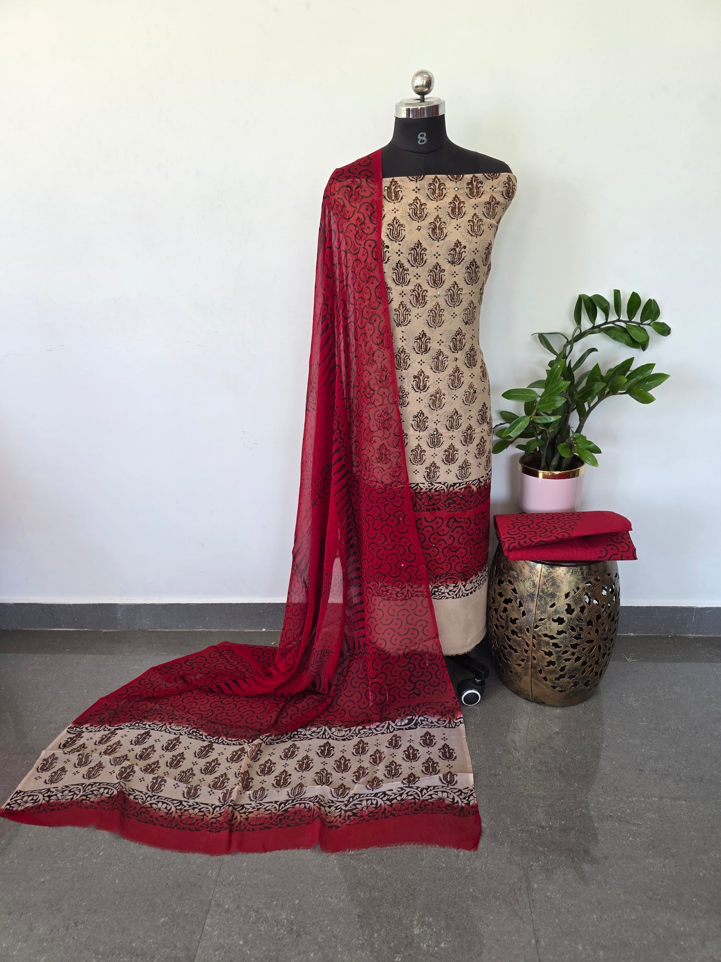 Handblock georgette salwar set with handwork mirror work- GE145