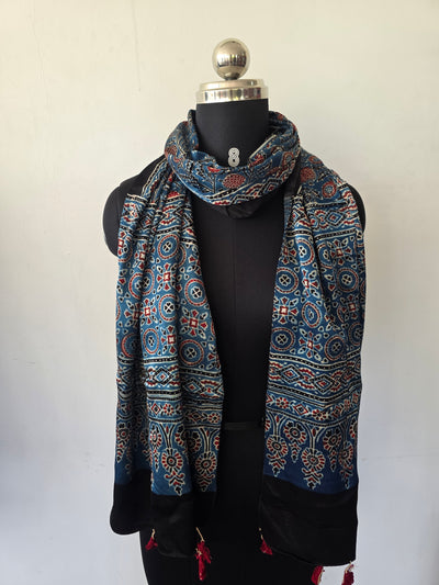Ajrakh Handblock natural dyed mashru silk stole-MV79