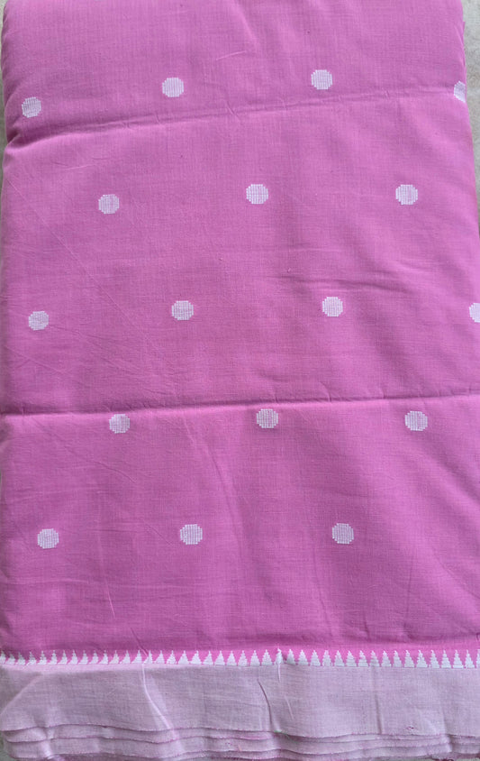 Pure handloom cotton with polka dots with temple border running material ( 2.50 mtrs ) - pink