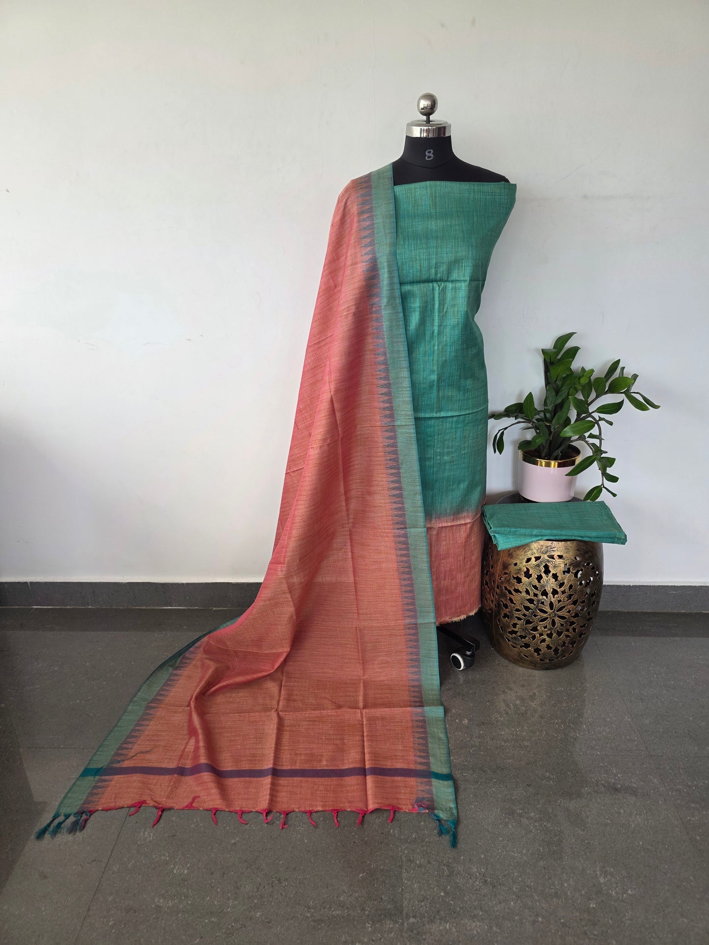 Bhagalpuri Cotton khadi set with temple border silk shawl - BA202