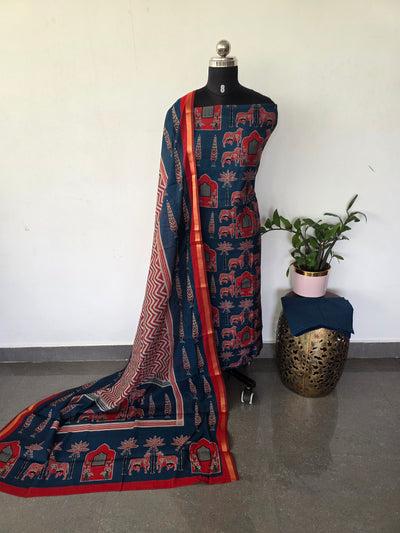 Ajrakh inspired semi maheshwari silk set-(Blue)-HZ375