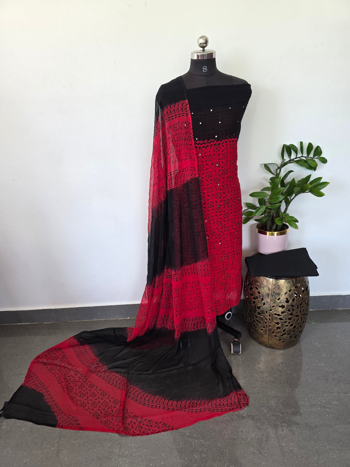 Handblock georgette salwar set with handwork mirror work- GE149