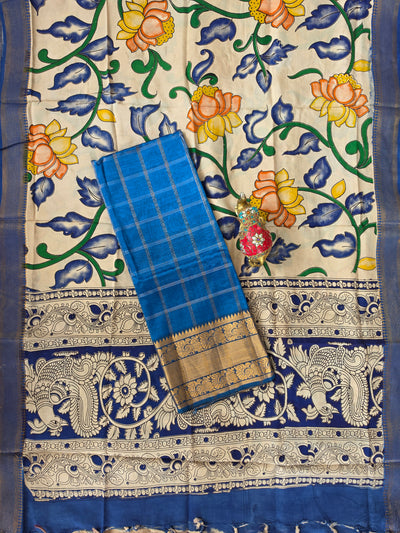 Handloom checked mangalagiri pattu top with chennuri kalamkari duppatta-AK609
