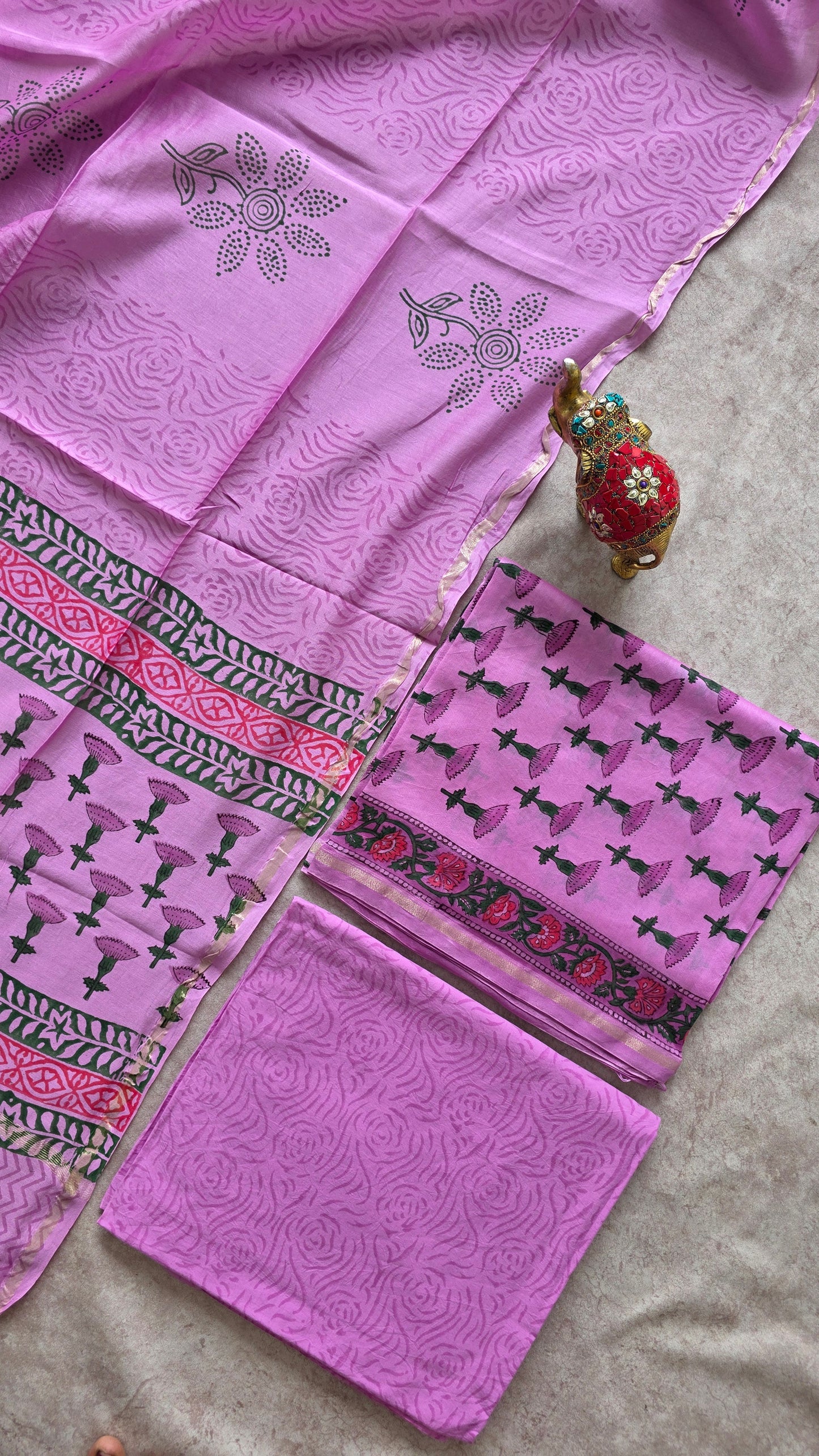 Handblock Jaipuri chanderi silk set - JA774