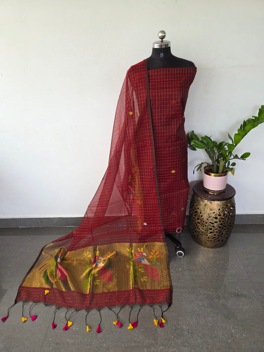 Handloom checked muslin paithani jamdhani set - BB355