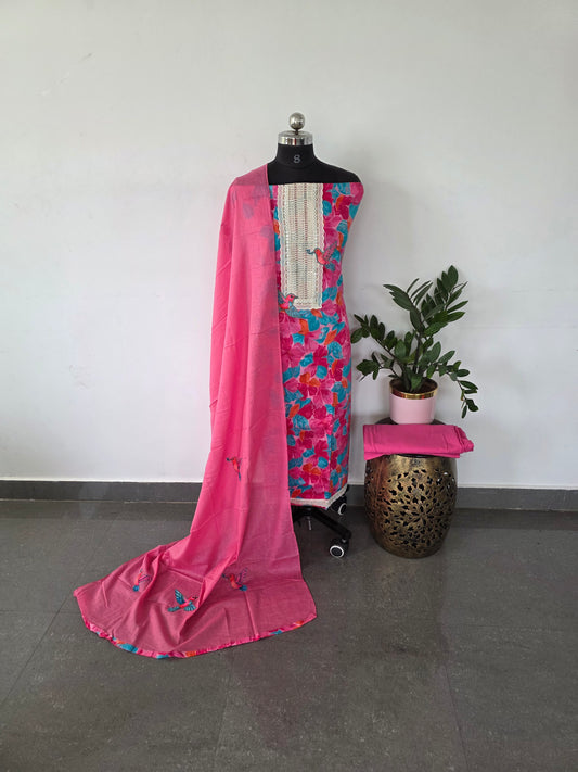 Fancy satin cotton with appliqué work shawl - pink