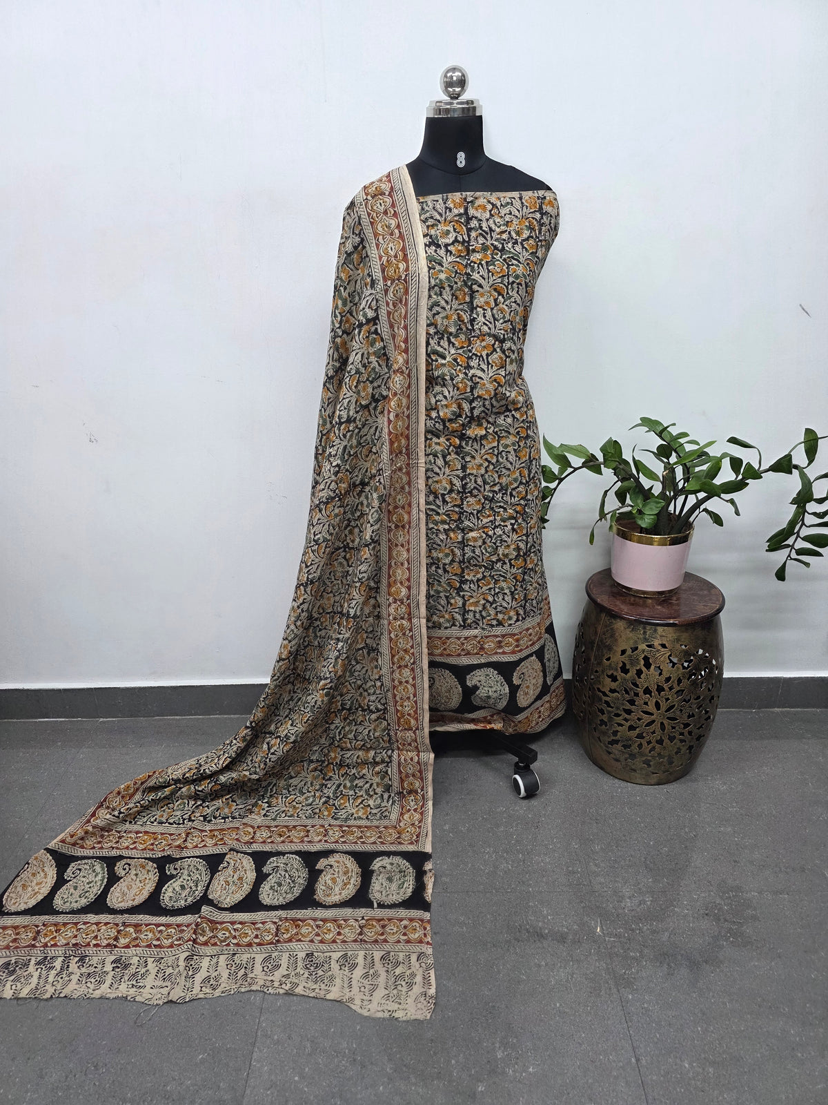 Handblock pure kalamkari cotton with border (2 pc set) - AK512