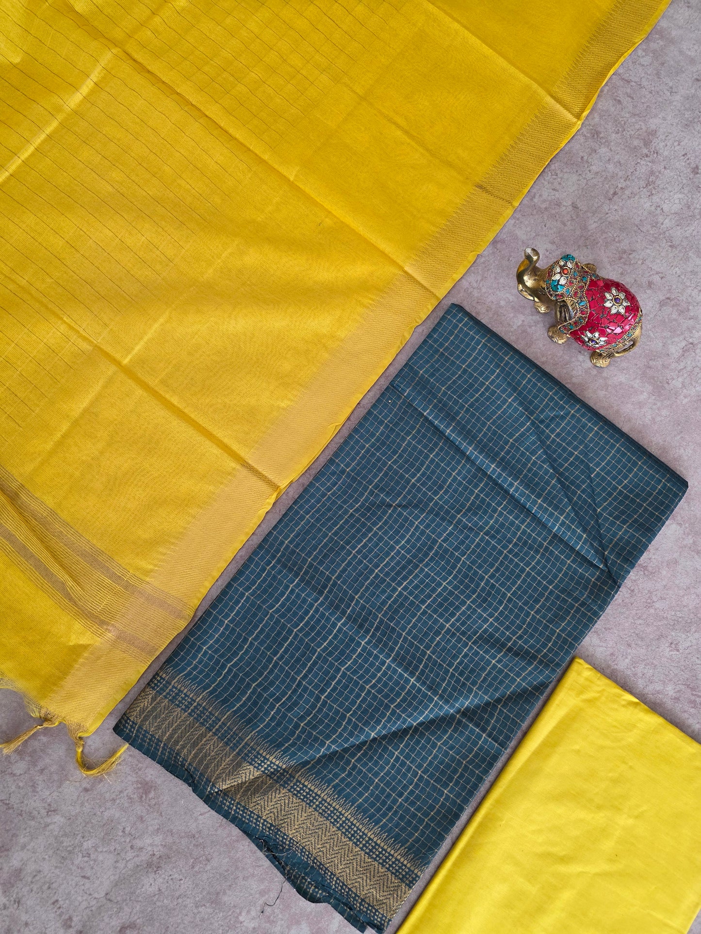 Checked Bhagalpuri fusion mangalagiri silk set - BA529