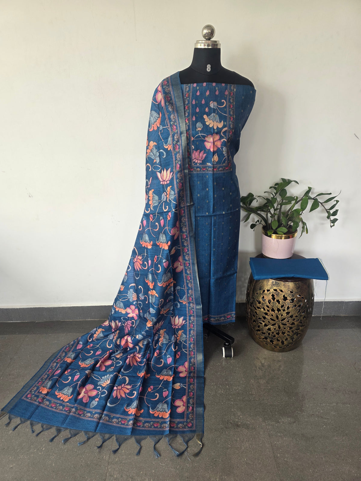 Kalamkari - Tussar silk set with zari butta(Blue) - AS149