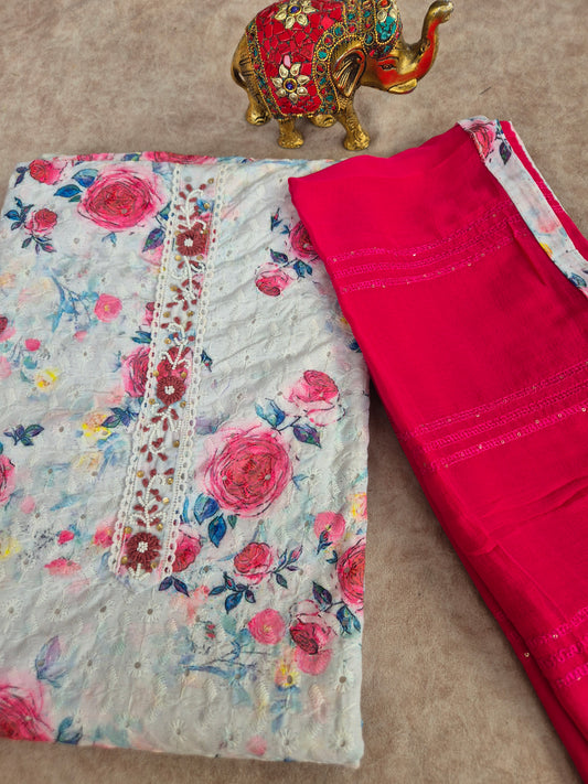 Hakoba cotton set with sequence chiffon shawl- D112