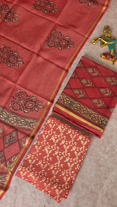 Handblock Jaipuri chanderi silk set - JA761