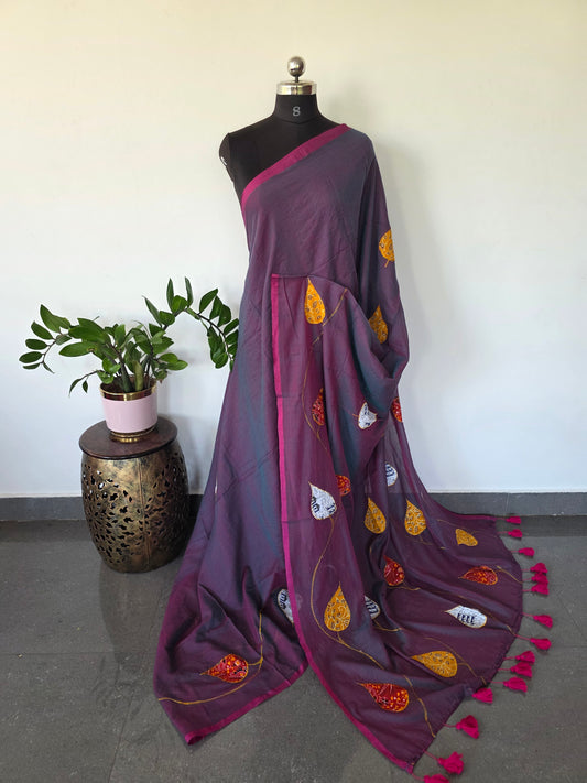 Khadi cotton applique work West Bengal saree - BB629