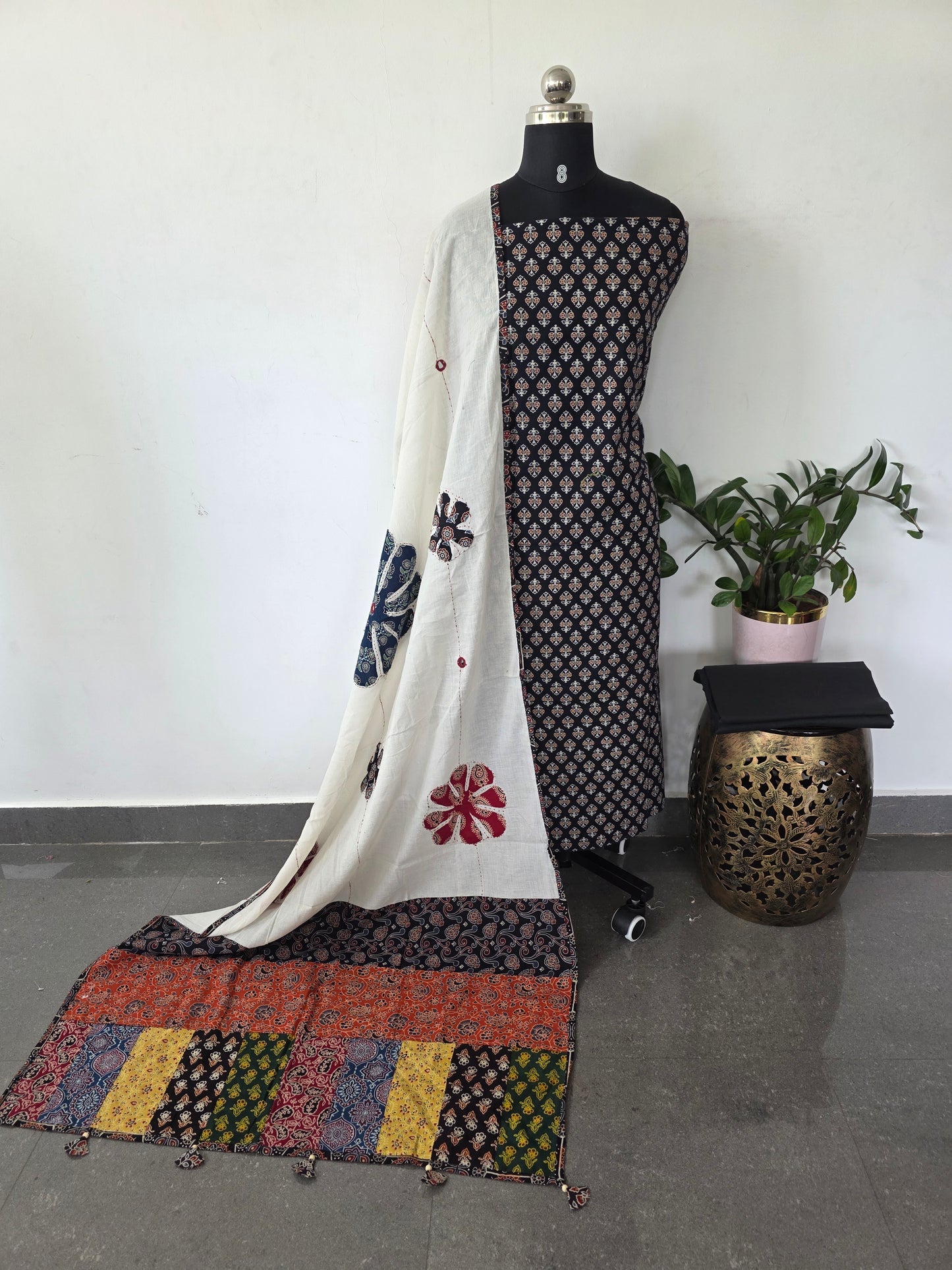Handcrafted ajrakh cotton set with kantha applique mirror  cotton shawl(Black)- BAA95