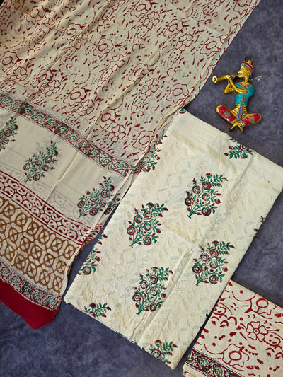 Handblock jaipuri applique cotton with chiffon shawl - JA585