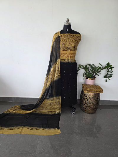 Handblock georgette salwar set with handwork mirror work-GE107