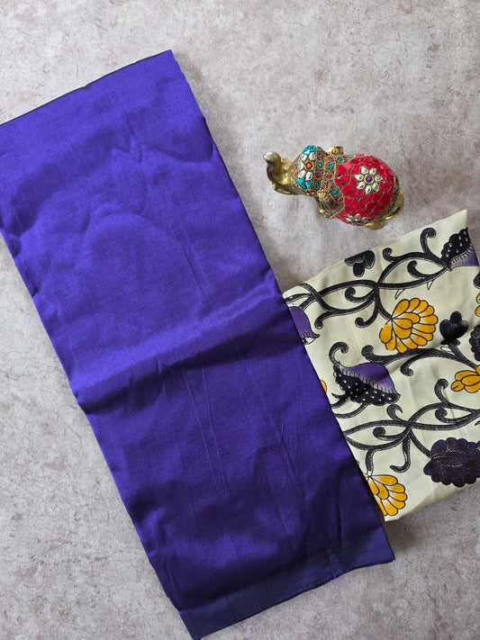 Premium plain semi mangalagiri pattu saree kalamkari silk blouse- MAA165