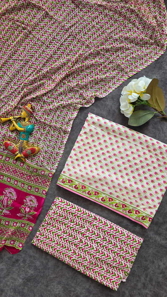 Jaipuri pure cotton with chiffon shawl - JX51