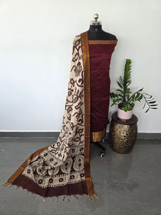 Handloom Mangalagiri silk kanchi border top with chennuri silk kalamkari shawl  - AK102