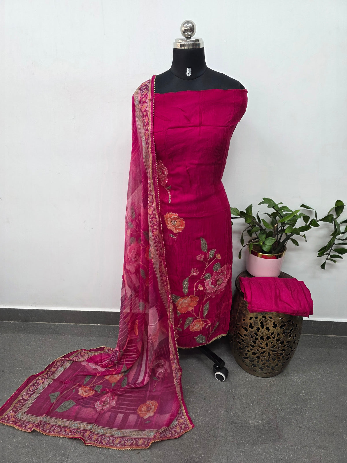 Glass organza viscose handwork silk set (Pink)-PC65