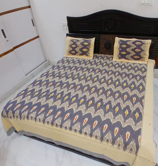 King size Warp ikkat bed sheet (90"*108"  2/40s bedsheet with 2 pillow covers )  - VN63