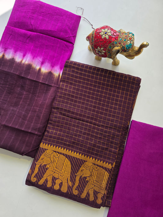 Madurai sungudi zari kattam salwar set - brown with pink