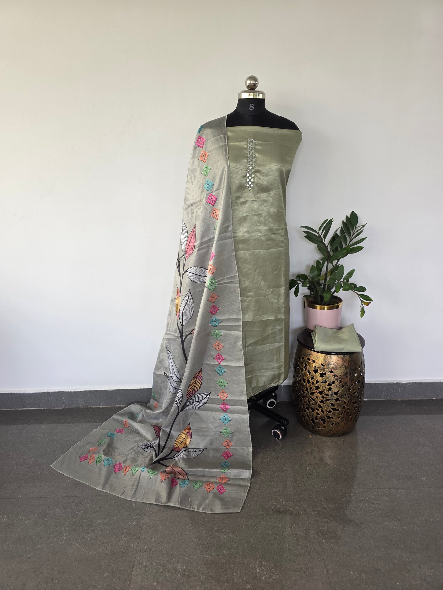 Fancy silk set with floral silk shawl- FSA8