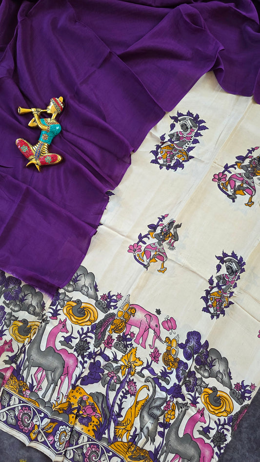 Penkalamkari- inspired Chennuri pure kalamkari silk set - AK141