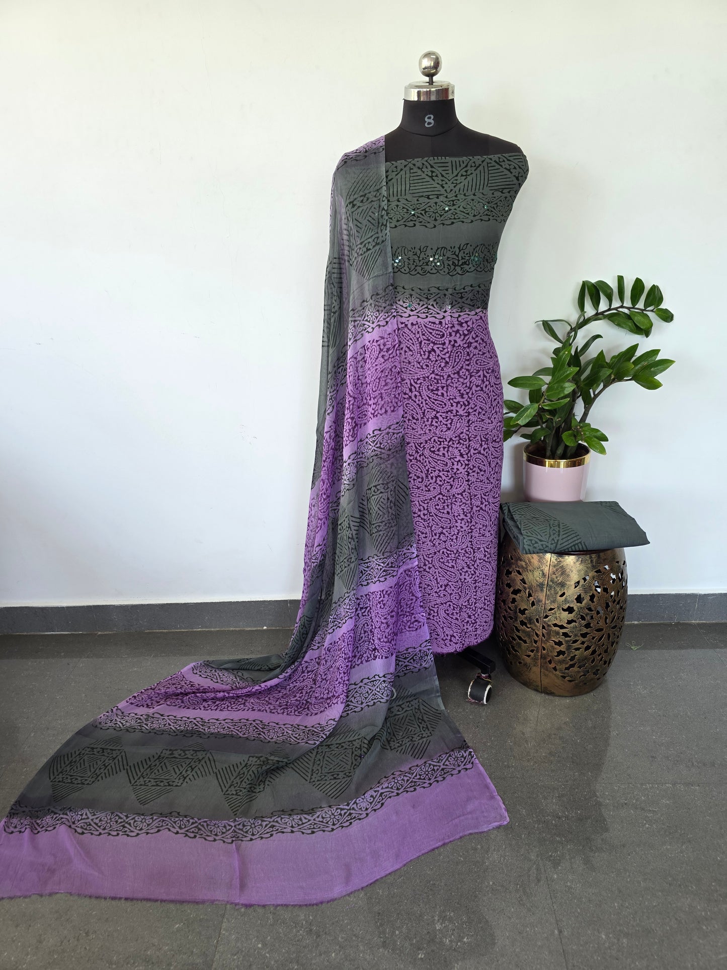 Handblock georgette salwar set with handwork mirror work- GE153