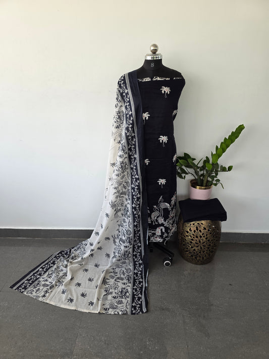 Premium warli embroidery Satin cotton set (black)- VC57