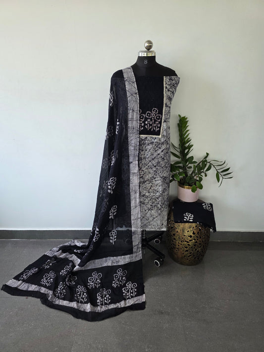 Batik cotton with hakoba neck work (black) - BA112