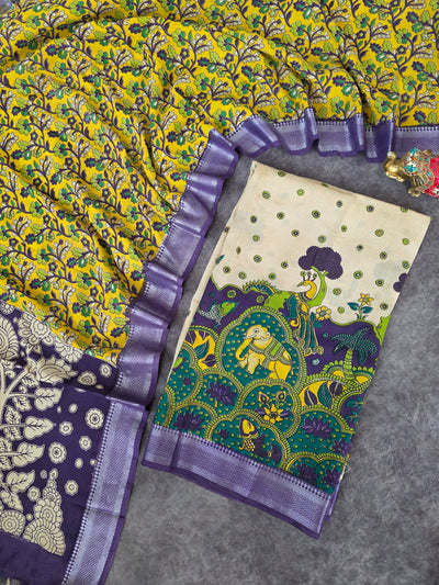 Kalamkari katha- Chennuri pure kalamkari silk set - AK386