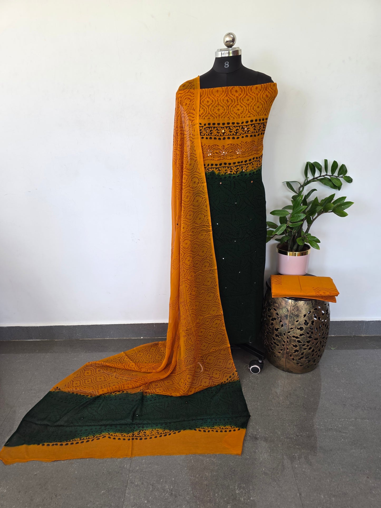 Handblock georgette salwar set with handwork mirror work- GE163