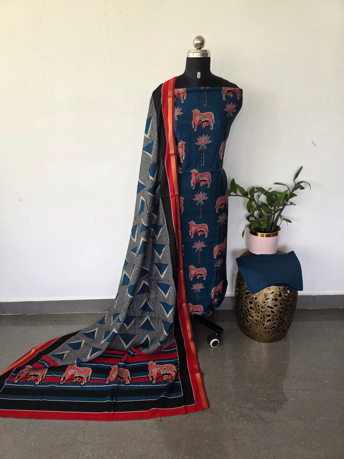 Ajrakh inspired semi maheshwari silk set(Blue)-HZ380