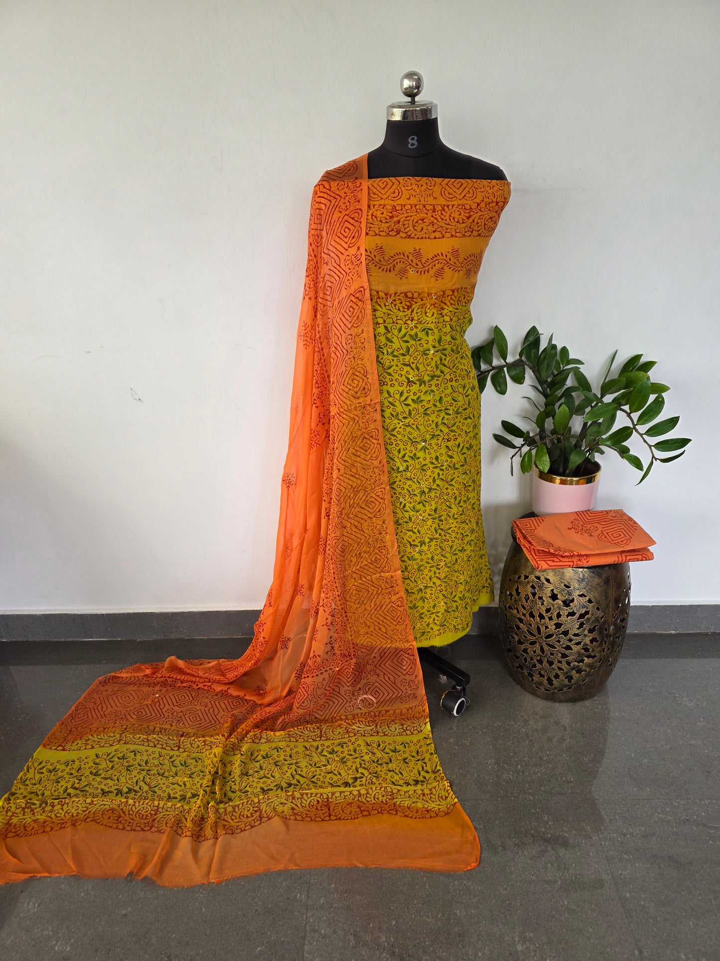 Handblock georgette salwar set with handwork mirror work- GE204